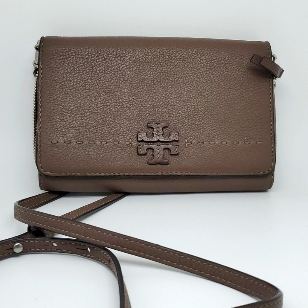TORY BURCH MCGRAW Wallet Crossbody Handbag Bag Pebble Authentic Leather Brown
